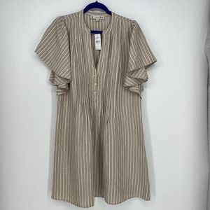 LOFT Dress Womens Medium Summer Linen Blend Flutter Sleeve Tan Stripe NEW,